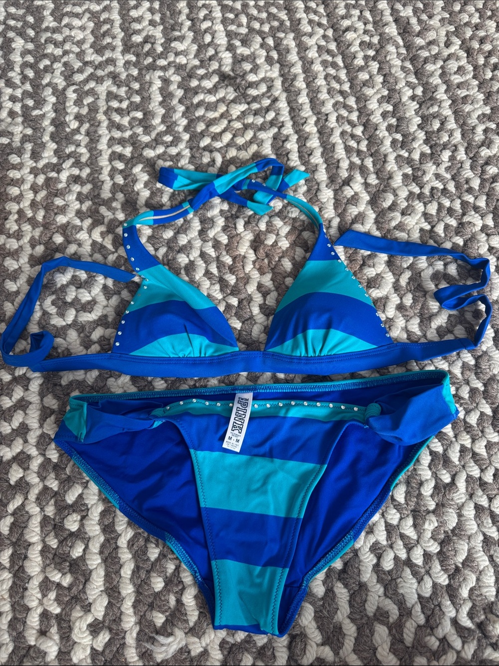PINK Victoria's Secret Blue & Teal Striped Bikini Set